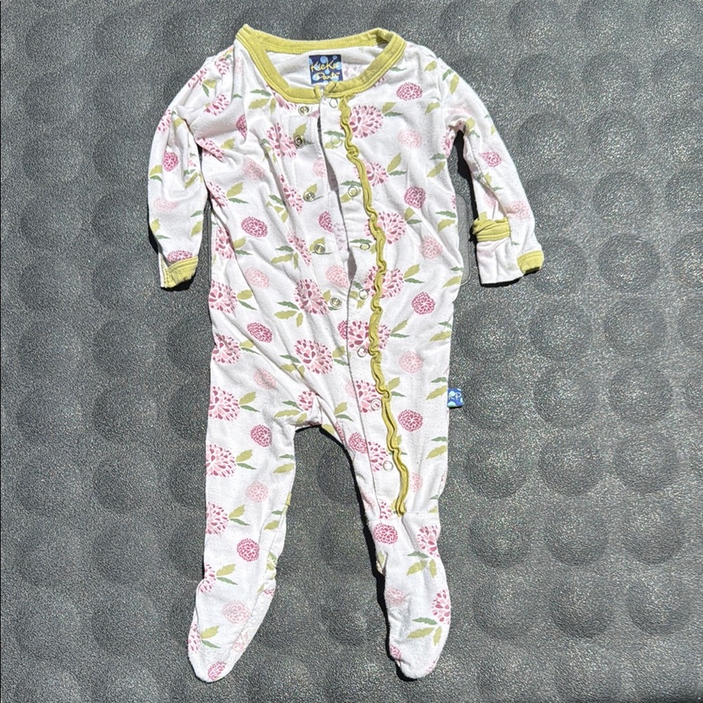 Kickee Pants White and Pink Footies with Floral Design